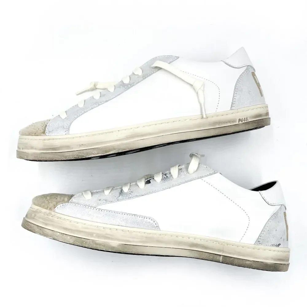 P448‎ John Lama Sneaker White Silver Lace Up Low Top Leather Sz 41 / 10.5